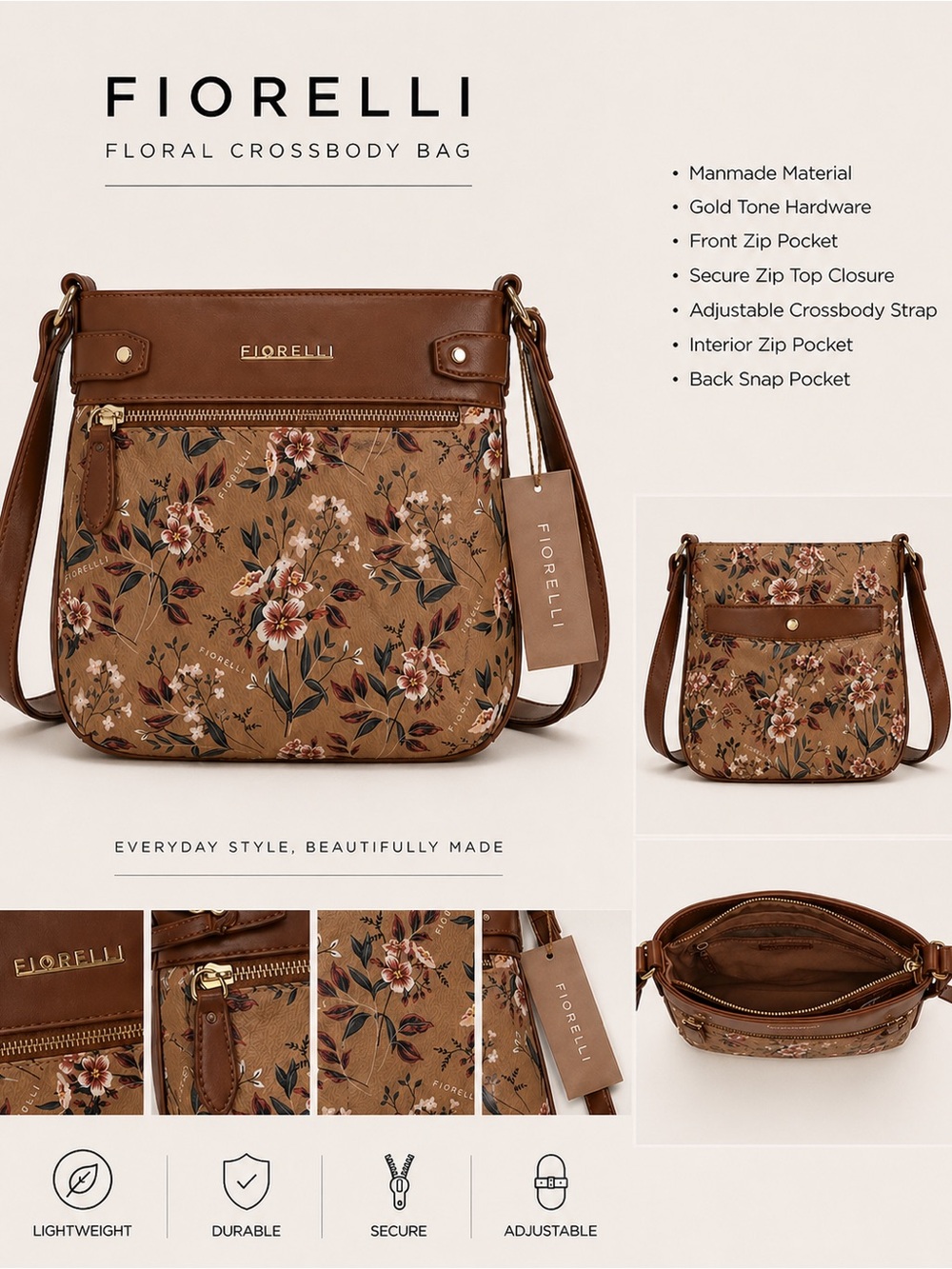 Fiorelli Tan Floral Crossbody Bag with Adjustable Strap